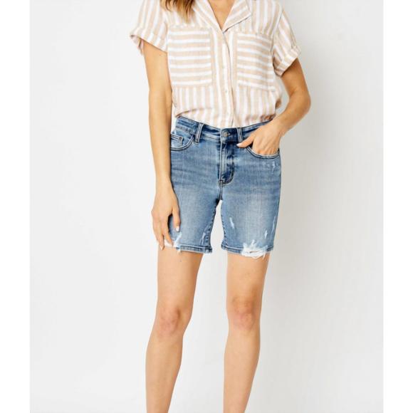 NEW JUDY BLUE high waist destroyed hem bermuda shorts in medium blue - Picture 1 of 3